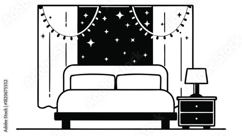 Cozy nighttime bedroom scene illuminated by warm soft fairy lights creating a peaceful and inviting atmosphere for relaxation and sleep