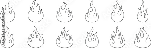 Line Art Collection of Twelve Isolated Flame Designs on White Background for Illustration and Decoration