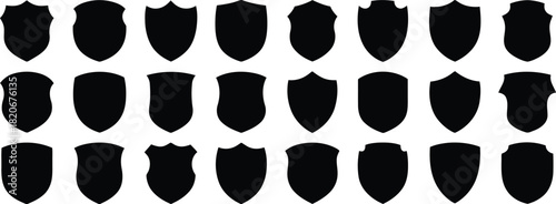 Set of 24 Varied Black Shield Silhouettes Isolated on White Background for Design and Branding