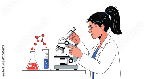 Woman scientist using microscope in laboratory research analysis
