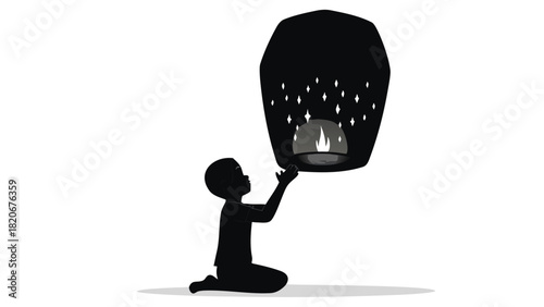 Silhouette of a child releasing a glowing lantern into the night sky symbolizing hope dreams and new beginnings perfect for celebratory or inspirational themes