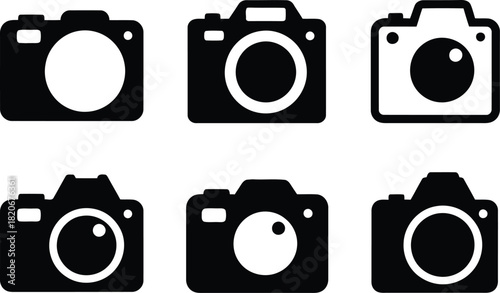 Six Black Camera Icon Variations on White Background Photography Creative Visuals