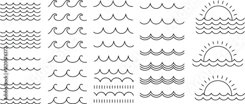 Set of Minimalist Black and White Ocean Wave Illustrations with Rising Sun Iconography