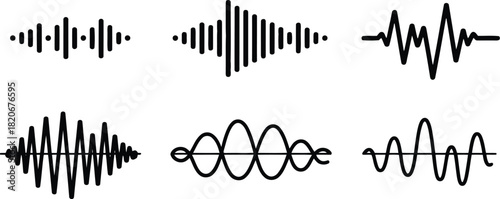 Six Unique Black Audio Waveforms and Sound Waves Isolated on White Background Illustration