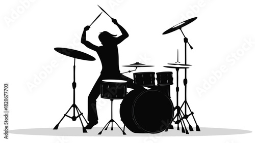 Dynamic silhouette of a drummer energetically striking cymbals creating a dramatic visual effect with swirling smoke and vibrant colors perfect for music and performance themes