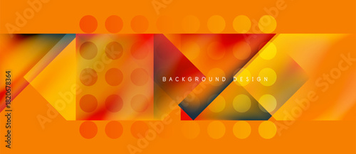 Abstract geometric pattern. Orange, red hues dominate design. Shapes include squares, circles, triangles. Modern, vibrant visual.