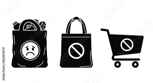 No plastic bags reusable shopping bags and grocery cart concept