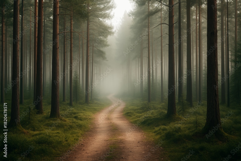 Obraz premium Mysterious forest path winding through tall trees in soft morning mist with diffused light and dreamy natural background atmosphere concept. Ai generative