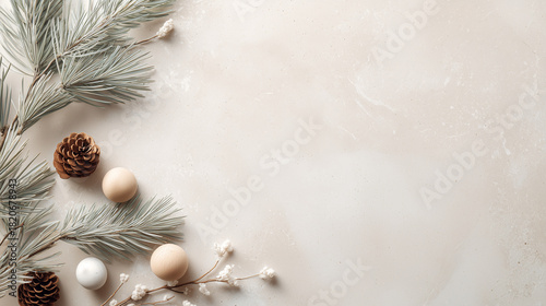 Scandinavian minimalist Christmas background, soft beige and white tones, subtle pine branches and wooden ornaments along the borders, gentle natural light, calm cozy atmosphere