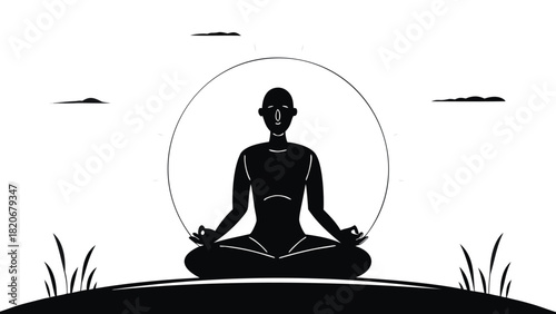Serene silhouette of a person meditating peacefully atop a rolling hill at sunrise symbolizing inner peace mindfulness and spiritual connection with nature