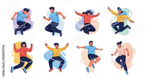 Energetic human figures in mid-air poses, diverse expressions. Dynamic motion and conceptual illustration