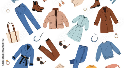 Fashion items and accessories in a seamless pattern, ideal for fabric, wrapping, or design projects