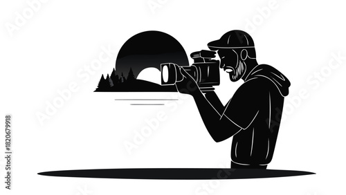 Silhouette of a photographer meticulously adjusting their camera capturing a moment with precision and focus ideal for photography and creative industry promotions