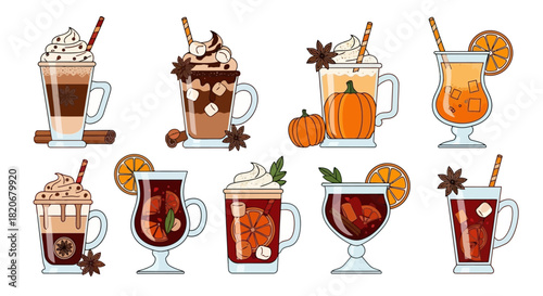 Collection of Cozy Beverage Illustrations Pumpkin Spice, Coffee, and Festive Fall Drinks in a Delightful Set