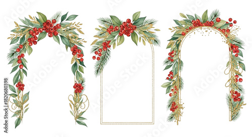 Watercolor Gold Glitter Christmas Floral Arch Frames with Green Leaves, Red Berries and Gold Decorative Elements