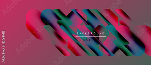 Abstract design features layered shapes, vibrant colors, text elements. Gradient hues create dynamic visual effect. Modern aesthetic.