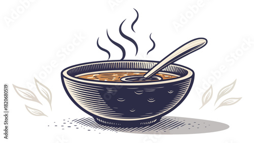 Delicious, steaming bowl of soup with spoon, ready to warm your soul, perfect for food blogs, cooking websites, or cozy restaurant promotions