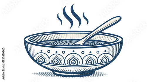 Warm savory soup bowl with steam and spoon, a comforting meal for chilly days, perfect for food blogs and healthy eating content, scalable vector