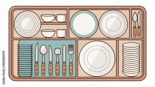 Organized kitchen drawer showcasing plates, bowls, cups, and cutlery, perfect for a tidy home, cooking, or interior design project, originally a vector graphic