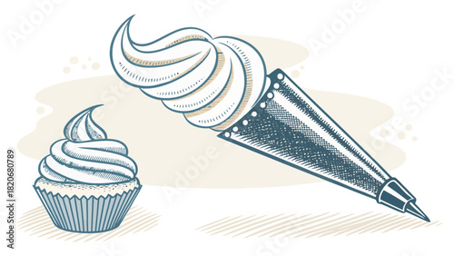 Delightful cupcake creation with a decorative piping bag, sweet treat dreams come true, ideal for pastry chefs, bakeries, and dessert lovers everywhere