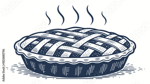 Delightful homemade pie illustration with steam rising, perfect for Thanksgiving, baking blogs, or vintage-inspired designs, originally a vector graphic