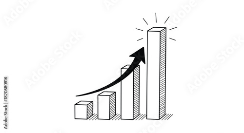 Handdrawn sketch of a bar chart with an upward arrow, symbolizing business growth, financial success, progress, and increasing statistics