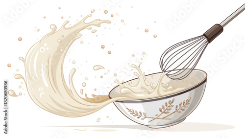 Exciting batter splash with a whisk mixing in a bowl, perfect for baking recipes, dessert preparation, or cooking content; delicious and inviting visuals