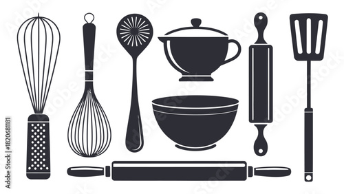 Essential kitchen tools for baking and cooking projects, featuring whisk, spoon, bowl, rolling pin, and spatula, perfect for culinary designs and recipes