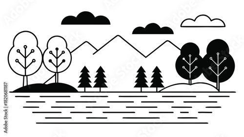 Thin line illustration of a serene natural landscape featuring mountains trees and a body of water under a clear sky perfect for tranquil design themes