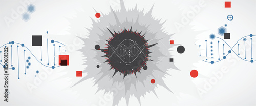 Abstract medical or science hexagons background, DNA strands, connected neural web