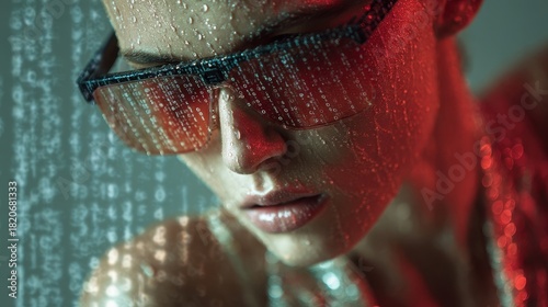 Futuristic augmented reality experience with digital code overlay on a person's face.