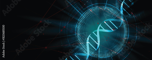 Abstract medical or science hexagons background, DNA strands, connected neural web