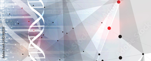 Abstract medical or science hexagons background, DNA strands, connected neural web