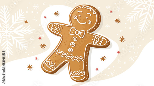 Adorable gingerbread man with festive snowflake decorations, perfect for holiday cards, baking promotions, or sweet Christmas greetings, originally designed as vector