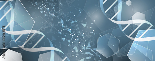 Abstract medical or science hexagons background, DNA strands, connected neural web