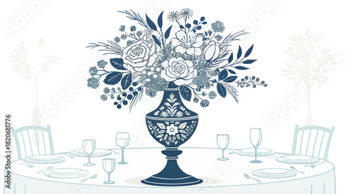Elegant floral centerpiece on a formal dining table set for a special event, perfect for wedding invitations, anniversary celebrations, and upscale restaurant decor