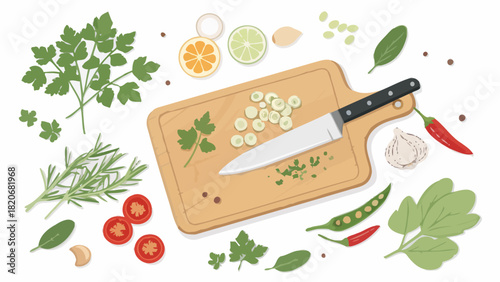 Fresh ingredients arranged on cutting board ready for cooking, herbs, spices, vegetables create vibrant culinary scene, modern food preparation concept