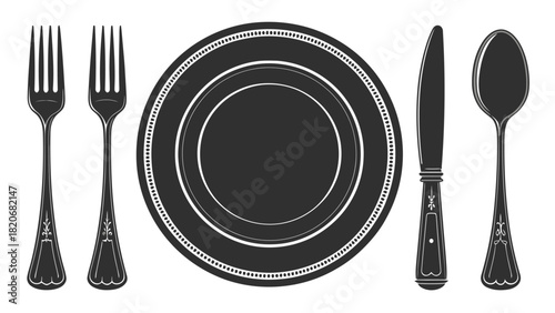 Elegant place setting arrangement for dining, showcasing a plate, forks, knife, and spoon, perfect for restaurant menus and culinary designs, refined dining experience