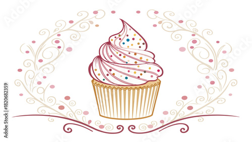 Delightful cupcake illustration with colorful sprinkles and decorative swirls is perfect for bakery promotions or sweet treat themed projects