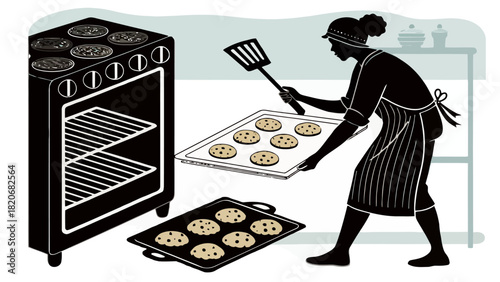 Baking fresh cookies at home with love in kitchen, woman enjoying homemade dessert, cooking treats, sweet aroma, warm chocolate chip cookies, vector art