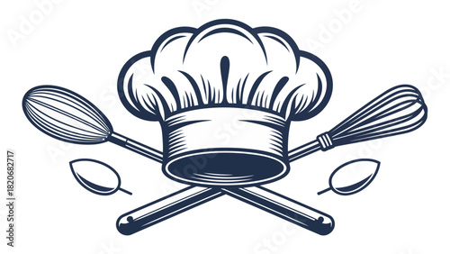 Chef's hat with crossed whisks offers a culinary professional vibe, perfect for restaurants, food blogs, or cooking classes, conveying expertise and passion