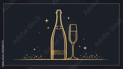 Elegant champagne bottle and glass illustration sparkles with celebration, perfect for New Year's Eve, anniversaries, or glamorous party invitations