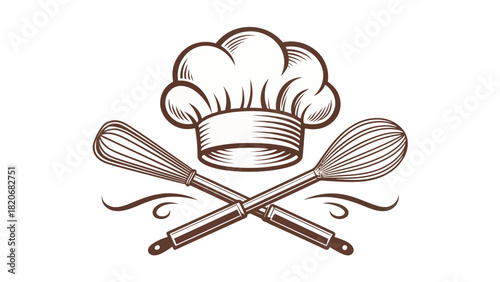 Chef's hat and crossed whisks emblem for culinary arts marketing, baking business branding, and restaurant promotion ready for your next delicious project