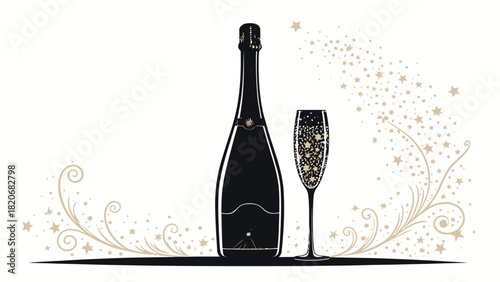 Elegant champagne bottle and glass with sparkling stars for New Year's Eve celebrations and festive occasions, perfect for invitations and announcements