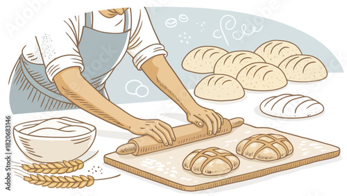 Artisanal bread baking preparation with flour and dough, capturing the essence of homemade goodness in a modern, hand-drawn style illustration