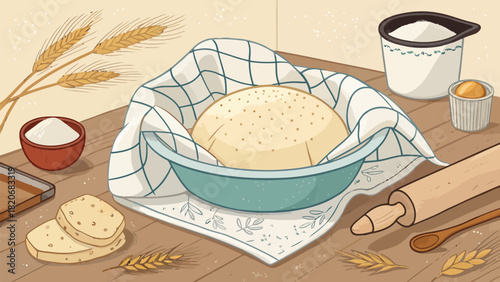 Homemade bread dough rising, a rustic bakery scene with flour, rolling pin, and wheat stalks creating a warm, inviting atmosphere for baking enthusiasts