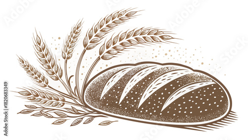 Freshly baked bread loaf with decorative wheat stalks creates a rustic, artisanal feel perfect for bakery branding or food blog designs and culinary projects
