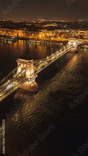 Photography Budapest Chain Bridge at night over the Danube River.