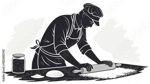 Chef rolling dough with rolling pin, creating delicious baked goods for customers, culinary expertise, bakery success, kitchen mastery, restaurant quality