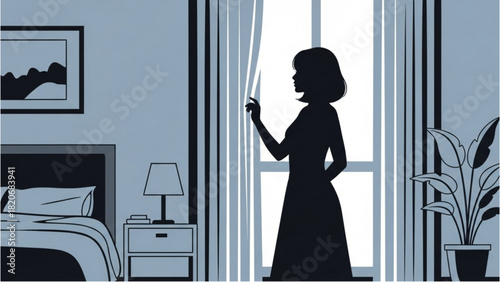 Silhouette of a Woman Contemplating the View From a Bedroom Window